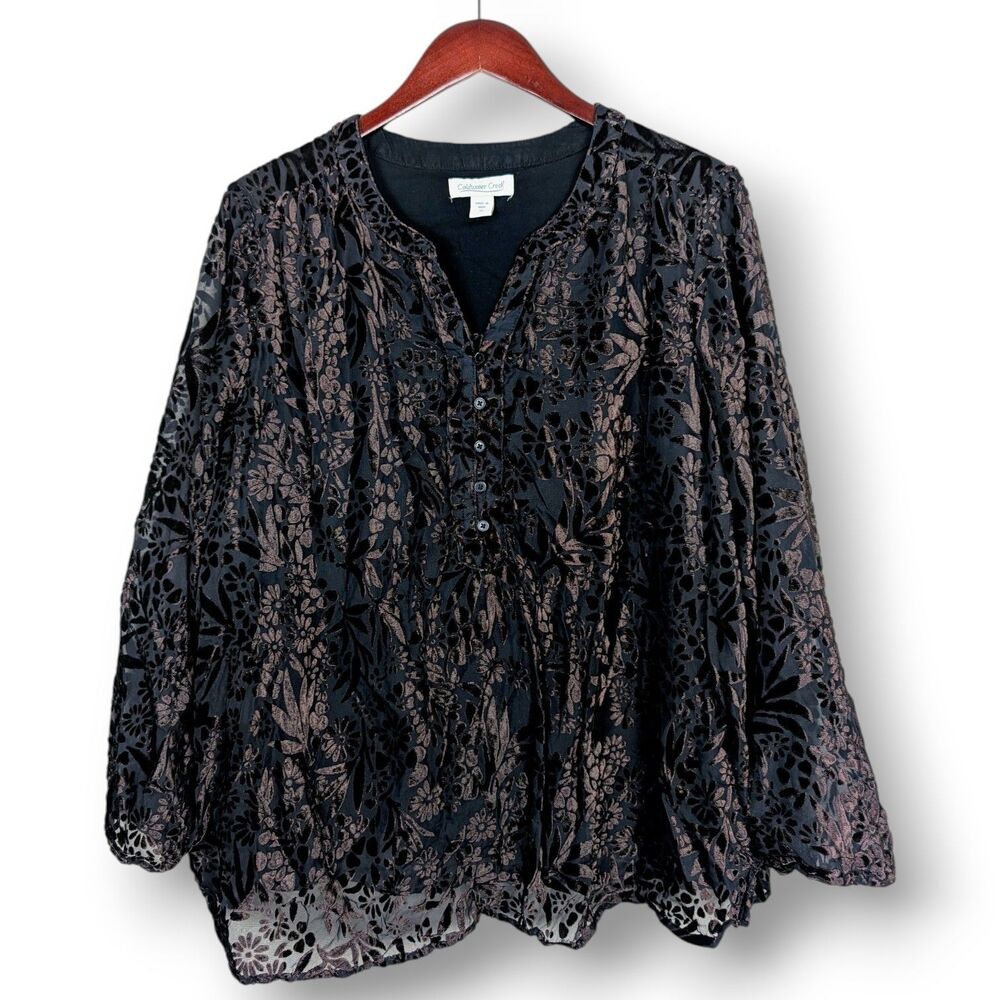 Coldwater Creek Brown Bronze Black Lined Long Sleeve Velvet Burnout Top 1X